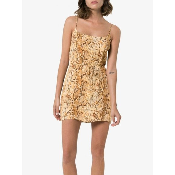 Reformation Dress Brown Vivette Snake Print Spaghetti Strap Tie Waist Mini Sz S - Picture 1 of 8